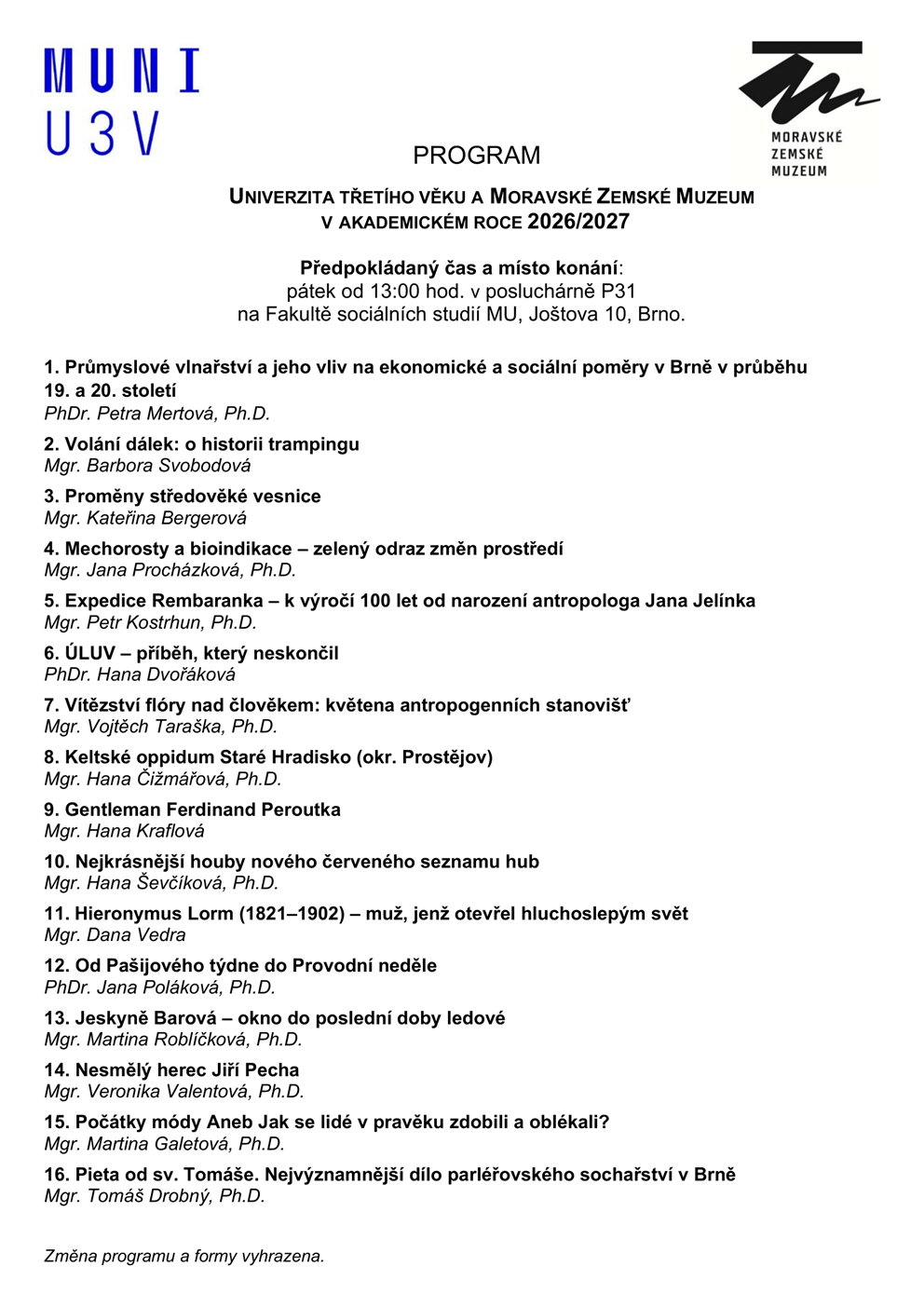 Univerzita třetího věku MZM 2026/2027